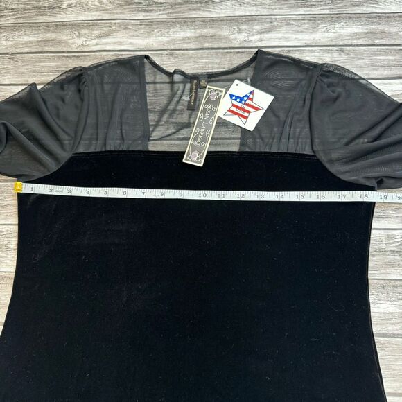 Women's Susan Lawrence Velour Mesh Blouse Black Bubble Sleeve Top M NWT - Picture 9 of 13